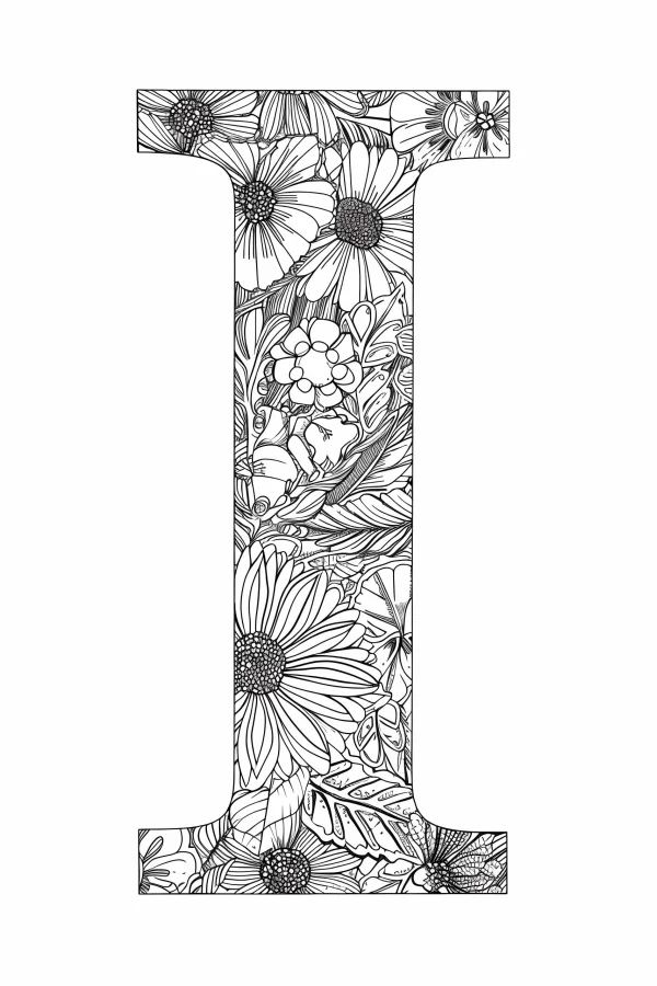 Letter i filled with daisies and various flowers and leaves, botanical illustration style — free printable creative art coloring book page