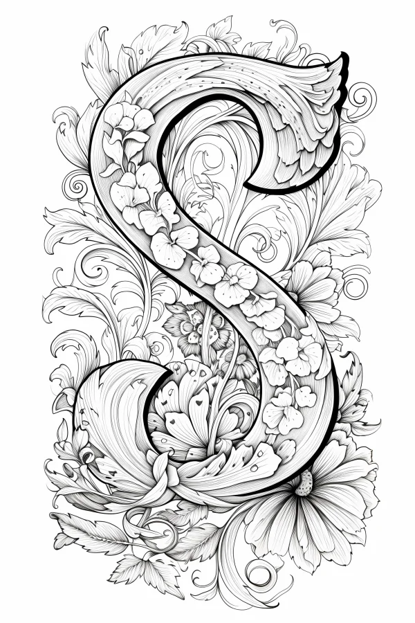 Decorative letter s with floral vines and leaves, art nouveau style — free printable letter design coloring book page