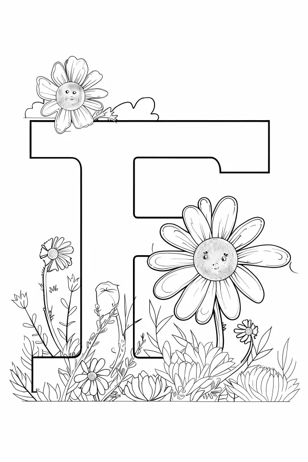 Letter f surrounded by cute cartoon-faced daisies, small flowers — free printable learning coloring book page