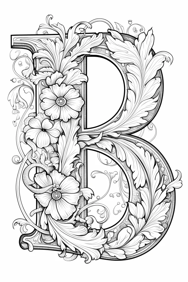 Decorative floral letter b, art nouveau decorative style — free printable decorative art coloring book page