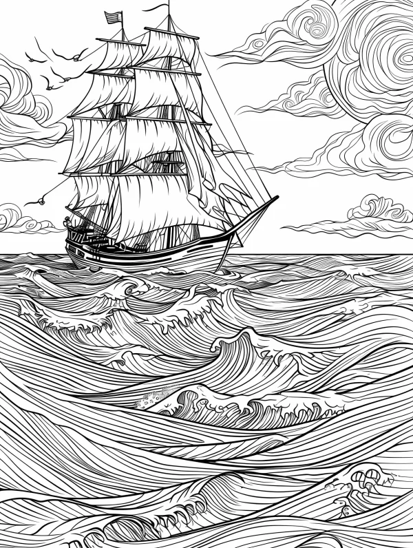 Sailing ship with masts and sails on turbulent ocean waves, realistic line art style — free printable sailing coloring book page