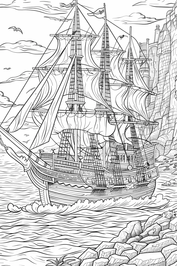 Vintage sailing ship, retro realistic illustration style — free printable adventure coloring book page