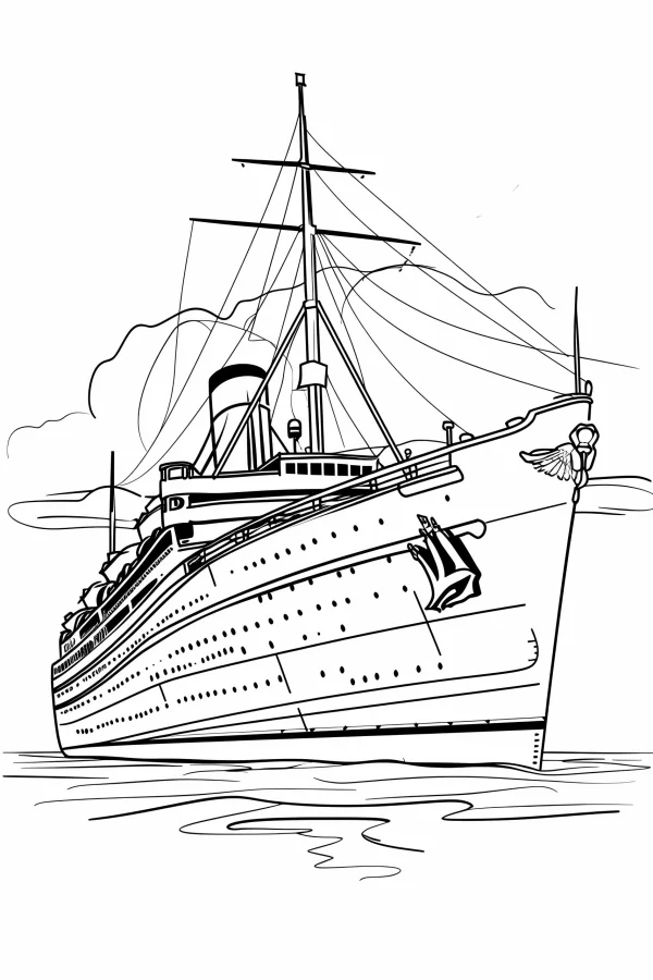Large cruise ship, realistic sketch style — free printable transportation coloring book page