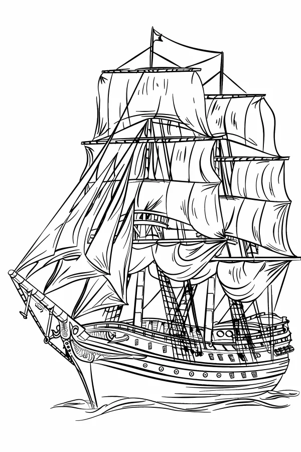 Vintage sailing ship, realistic line art style — free printable sailing coloring book page