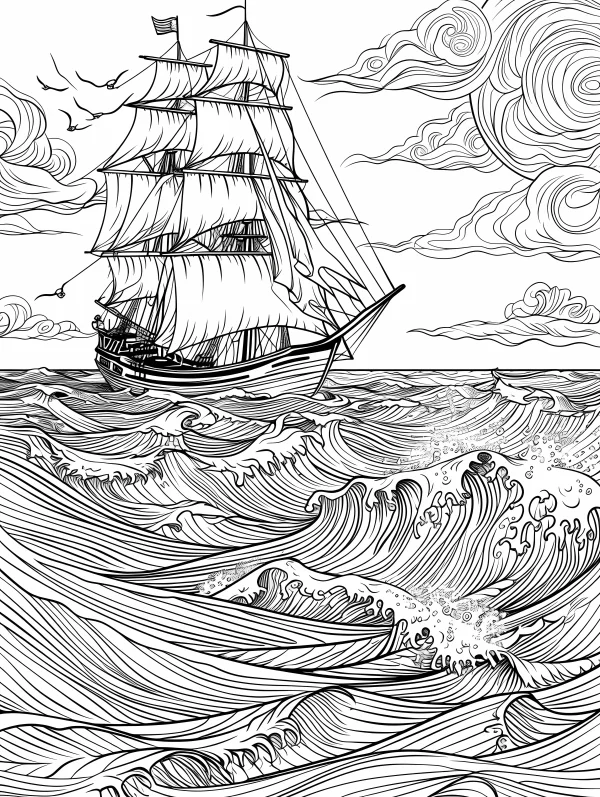 Vintage sailing ship in stormy ocean waves, realistic line art style — free printable adventure coloring book page
