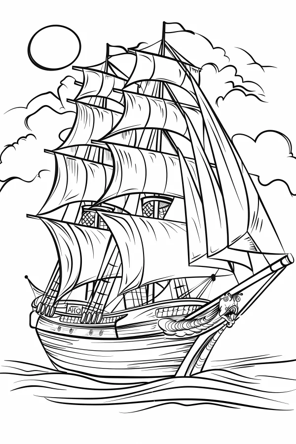 Vintage sailing ship, realistic line art — free printable adventure coloring book page