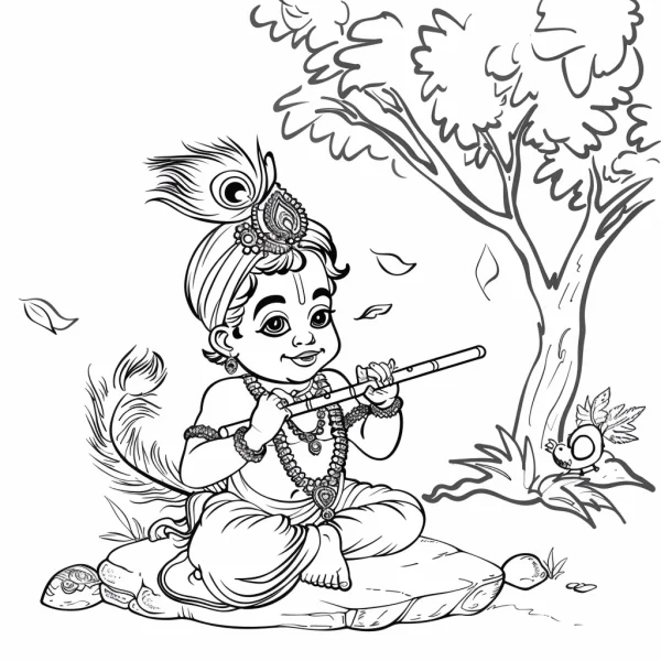 Cute little krishna playing the flute, cartoon style — free printable indian culture coloring book page