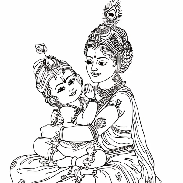 Lord krishna with his mother, indian traditional style — free printable indian culture coloring book page