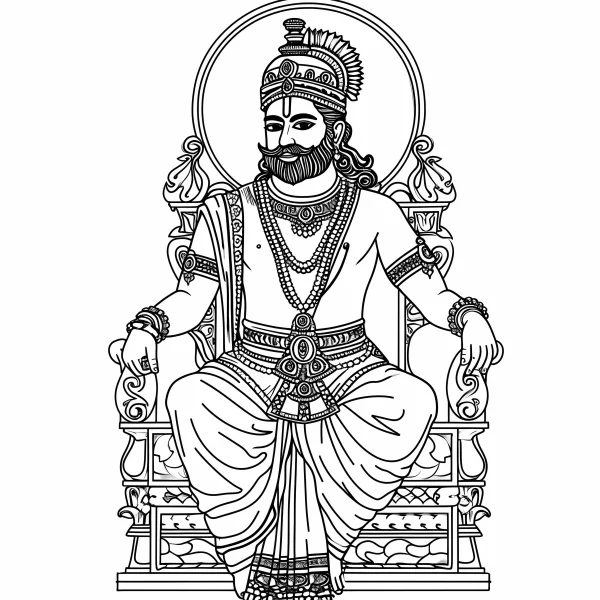Indian mythological deity sitting on ornate throne, indian traditional style — free printable indian culture coloring book page