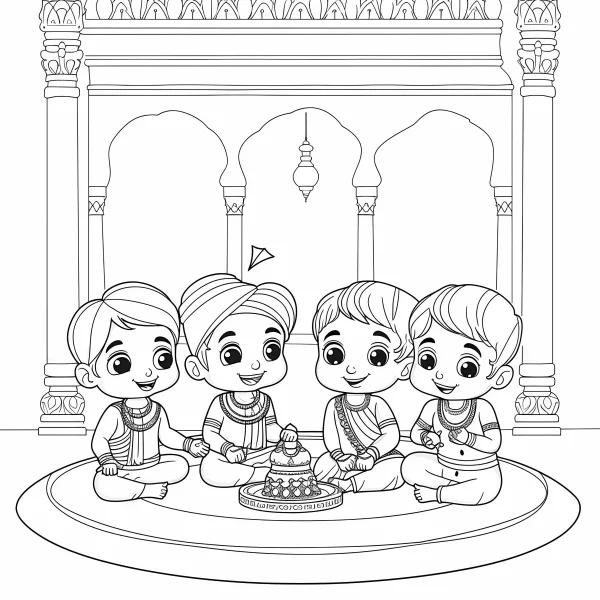 Four indian children in traditional clothing sitting around a diya oil lamp, cartoon style — free printable children coloring book page