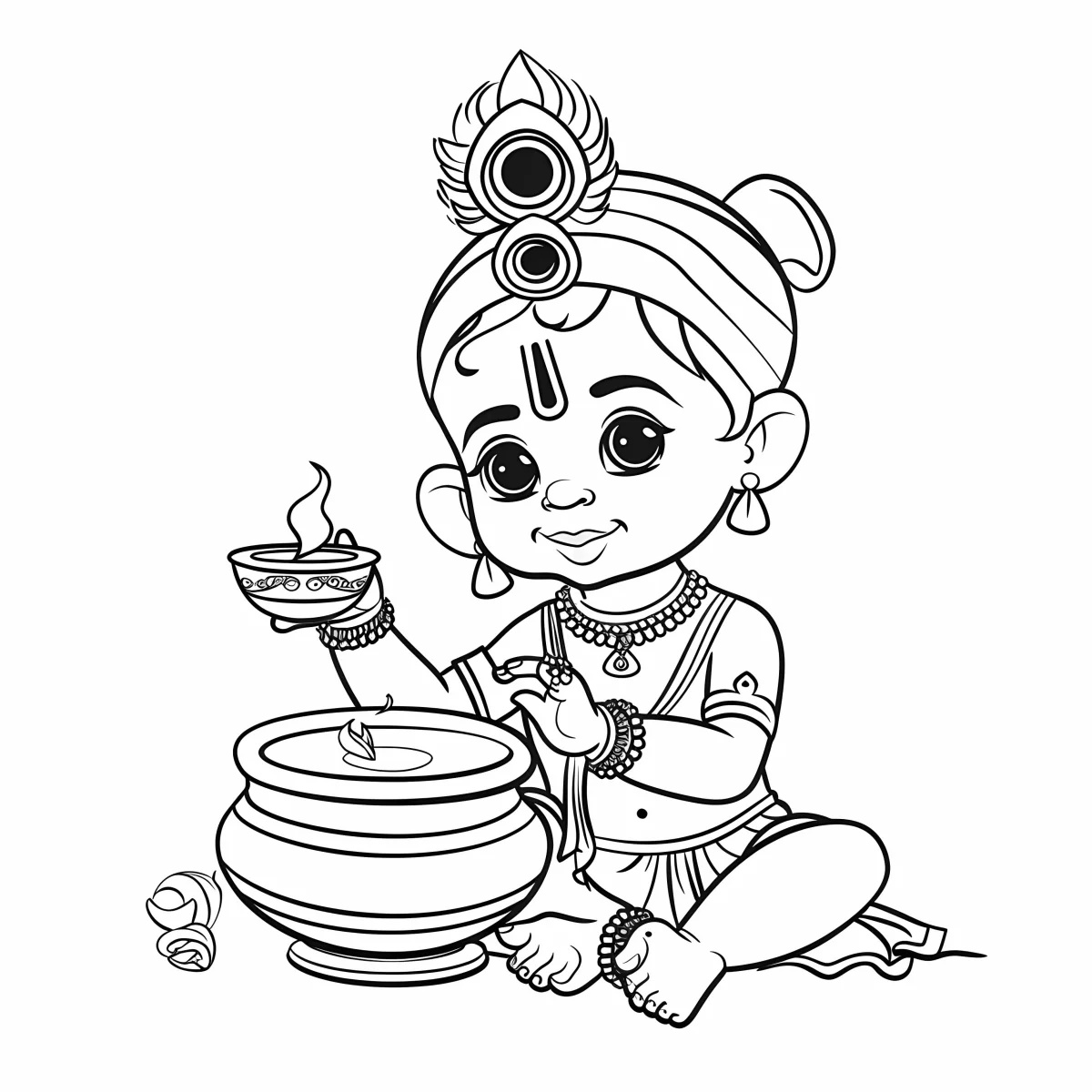 Cute cartoon baby krishna, indian cultural style — cartoon style — beginner-friendly — line art coloring page — for kids and adults of all ages