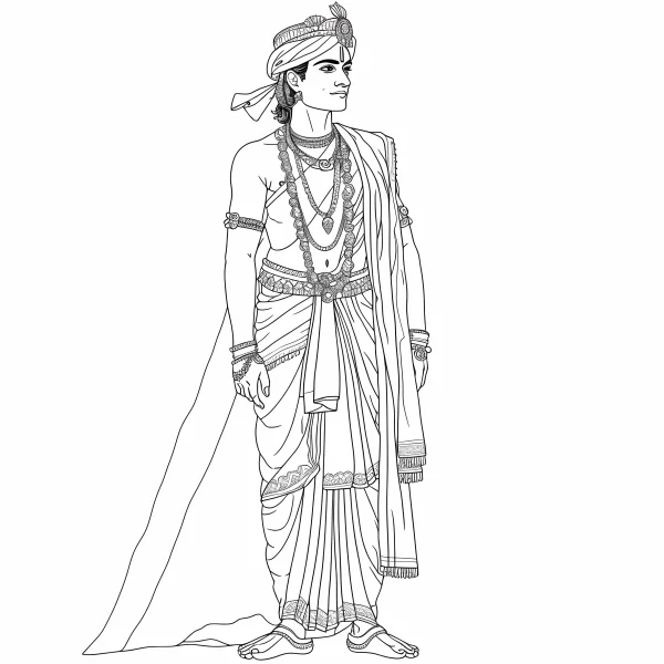Ancient indian man in traditional ornate attire, indian style — free printable indian culture coloring book page