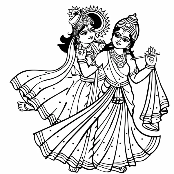 Indian mythological couple dancers, indian folk style — free printable indian culture coloring book page