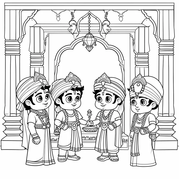 Four cute cartoon children in indian traditional attire, standing in front of an indian palace archway with carved pillars and hanging lanterns — free printable children coloring book page