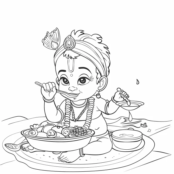Child krishna eating delicious food, cartoon indian style — free printable india coloring book page