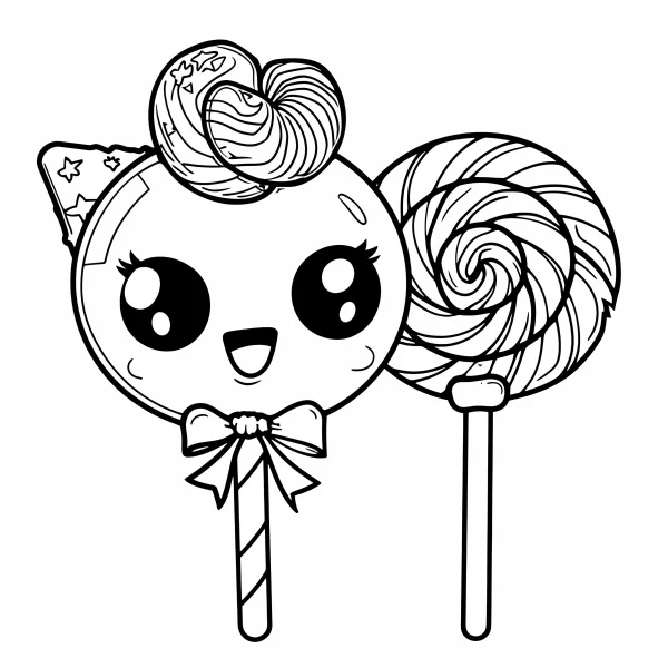 Cute anthropomorphic lollipop with party hat, bow and curly hair — free printable cartoon coloring book page