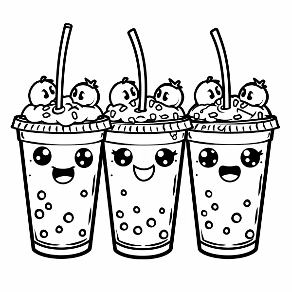 Coloring book page, three anthropomorphic bubble tea cups with cute facial expressions — free printable cartoon coloring book page