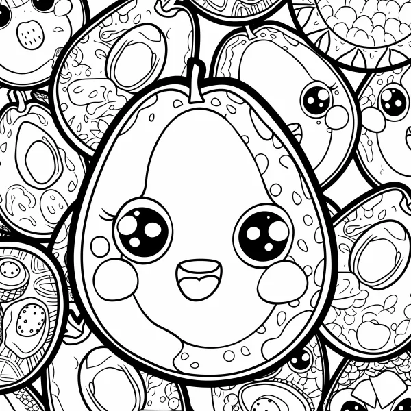 Cute anthropomorphic cartoon avocado, repeating pattern of stylized avocados with decorative swirls and textures — free printable cartoon coloring book page