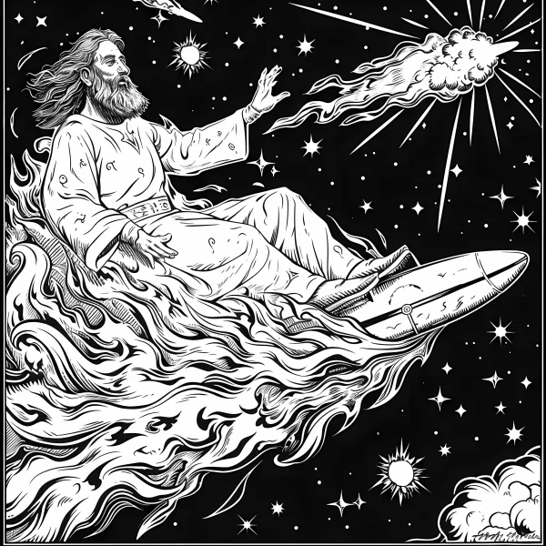 God-like figure riding a rocket, fantasy sci-fi style — free printable space coloring book page