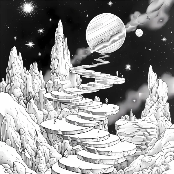 Alien mountain landscape with floating stair platforms, sci-fi fantasy style — free printable space coloring book page