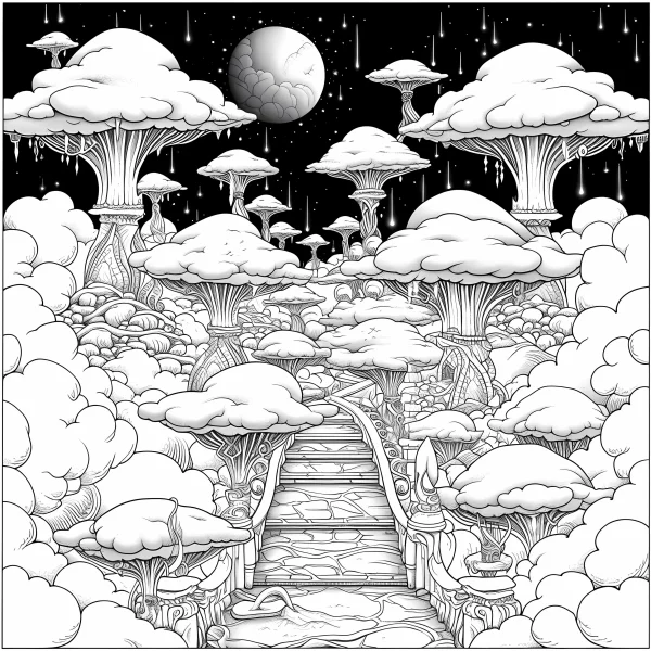 Fantasy mushroom forest with stone staircase, surreal style — free printable space coloring book page