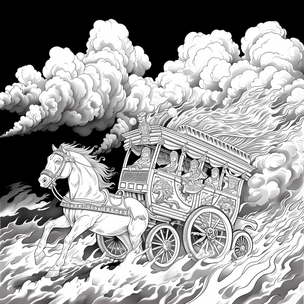 Vintage horse-drawn carriage surrounded by flames and smoke, fantasy retro medieval style — free printable medieval scene coloring book page
