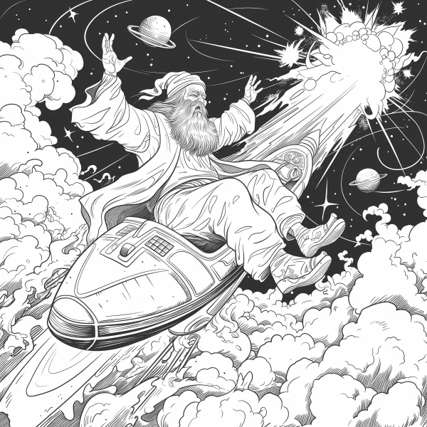 Wise old man with long beard riding a spaceship, sci-fi fantasy style — free printable space coloring book page