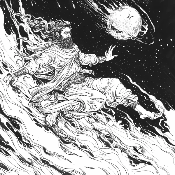 Mythical creation deity floating in cosmic space, fantasy illustration style — free printable universe coloring book page