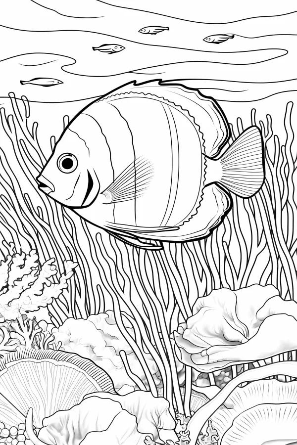 Tropical fish, underwater scene with seaweeds — free printable animal theme coloring book page