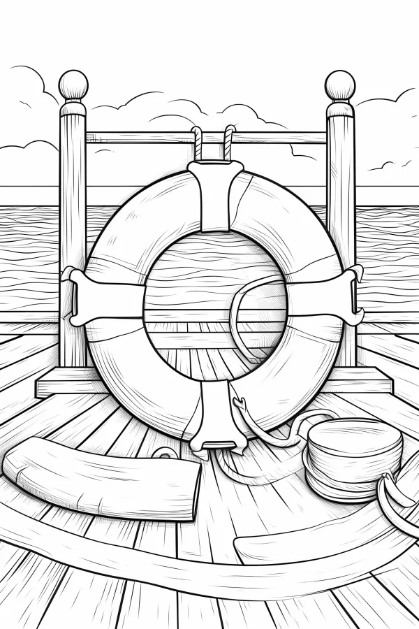 Lifebuoy on wooden dock, realistic style — free printable sailing coloring book page
