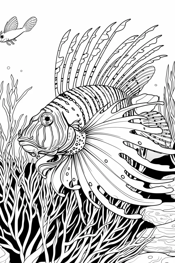 Realistic lionfish, black and white fine line art — free printable animal theme coloring book page
