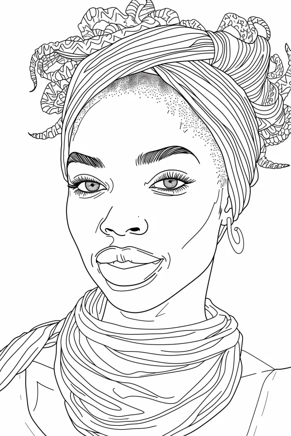 African woman with snake-patterned headwrap and hoop earrings, realistic illustration style — free printable african culture coloring book page