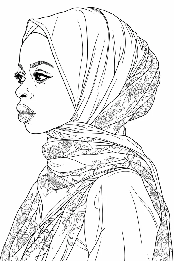 Middle eastern woman wearing hijab, realistic illustration style — free printable middle east coloring book page