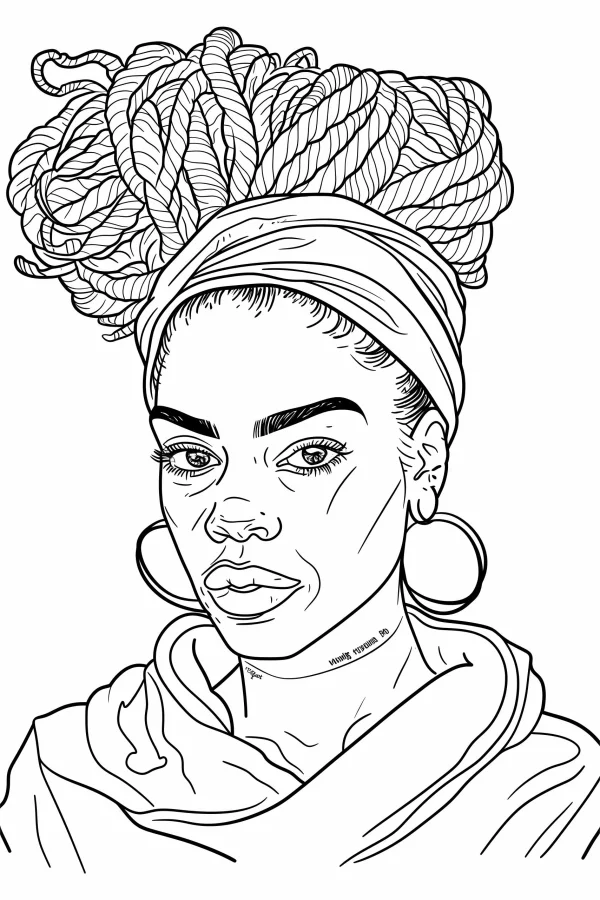 Portrait of a black woman with braided hair, wearing wide headwrap and large hoop earrings — free printable portrait coloring book page
