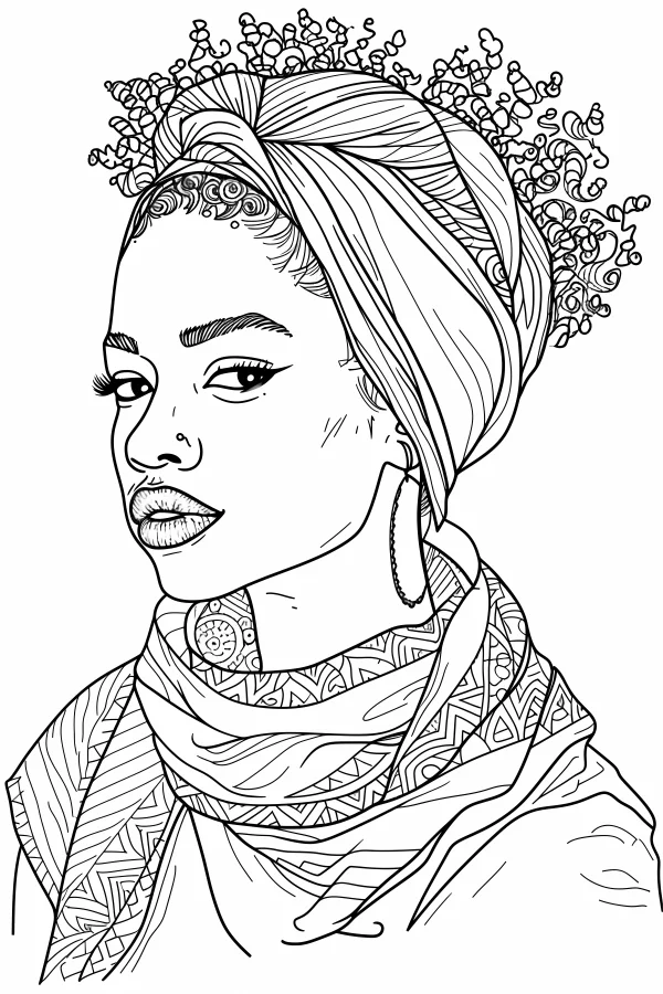 African woman decorated with tribal patterns, wearing headscarf and scarf with geometric tribal motifs — free printable african culture coloring book page