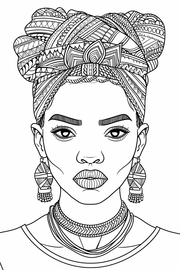 African woman wearing tribal patterned headwrap, african style — free printable african culture coloring book page