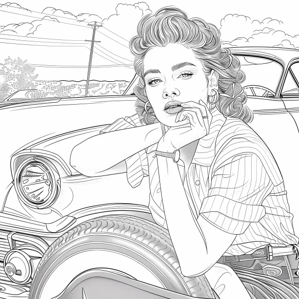 Retro curly-haired woman leaning on vintage car, realistic retro illustration style — free printable cars coloring book page
