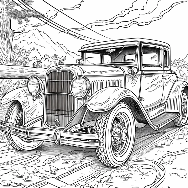 Vintage old-fashioned car, realistic style — free printable cars coloring book page