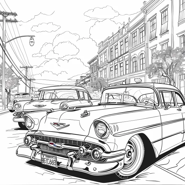 Vintage classic cars on urban street, retro realistic style — free printable cars coloring book page