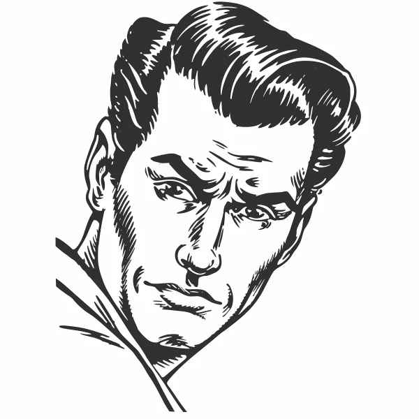 Retro american comic style male portrait with pompadour hairstyle, serious facial expression — free printable european and american coloring book page