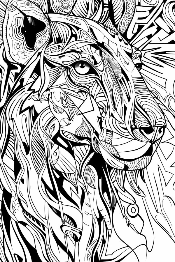 Abstract line art lion, abstract geometric style — free printable abstract theme coloring book page