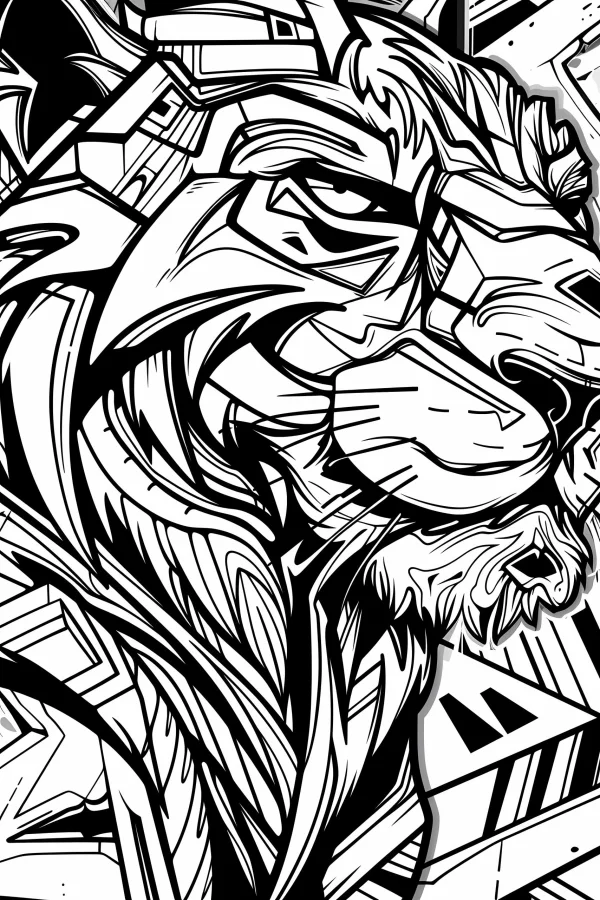 Cyberpunk mechanical lion head, cyberpunk art style — free printable cyberpunk coloring book page