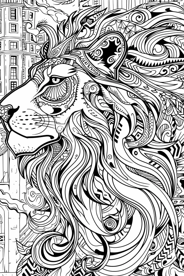 Decorative lion head with intricate zentangle patterns, city buildings in background — free printable city coloring book page