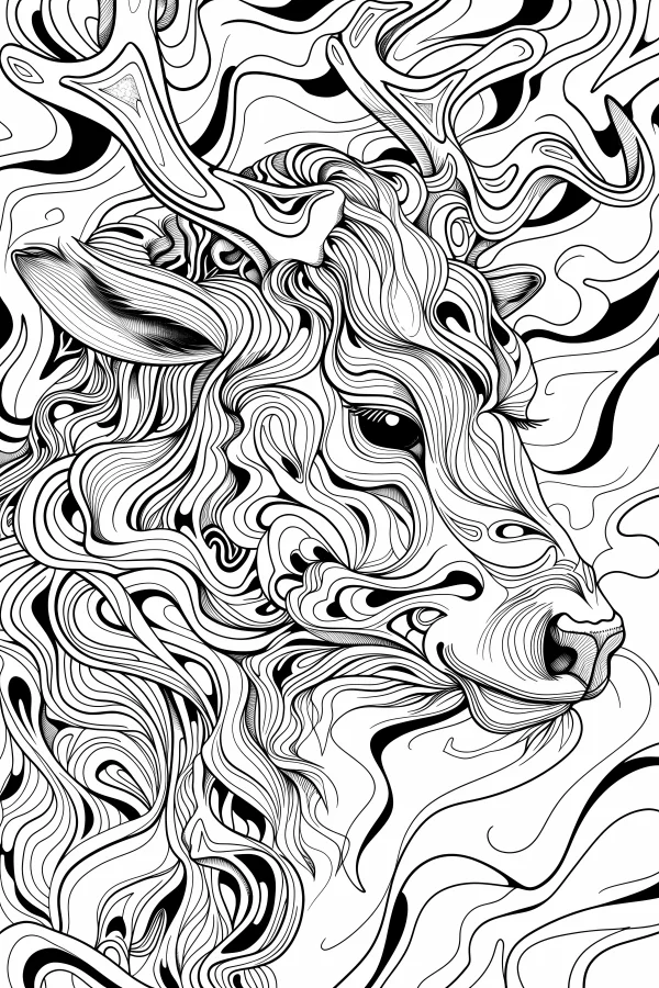 Zentangle style deer head, abstract organic curvy lines — free printable abstract theme coloring book page