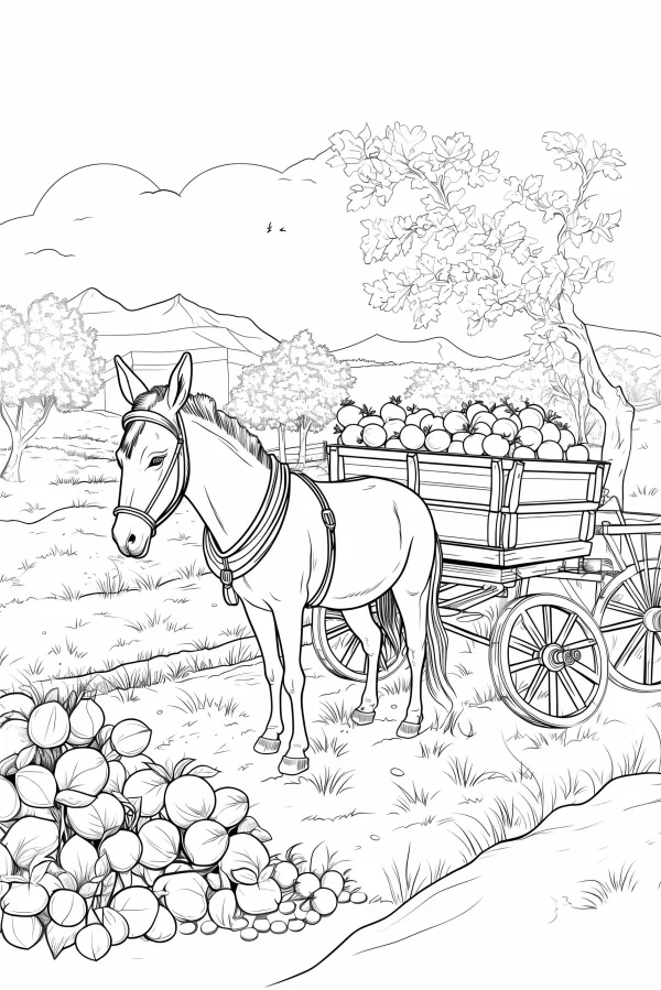 Donkey pulling a wooden cart full of harvest fruits, realistic line art style — free printable farm life coloring book page