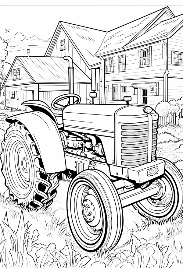 Coloring book page, vintage farm tractor in rural farm scene — free printable farm coloring book page
