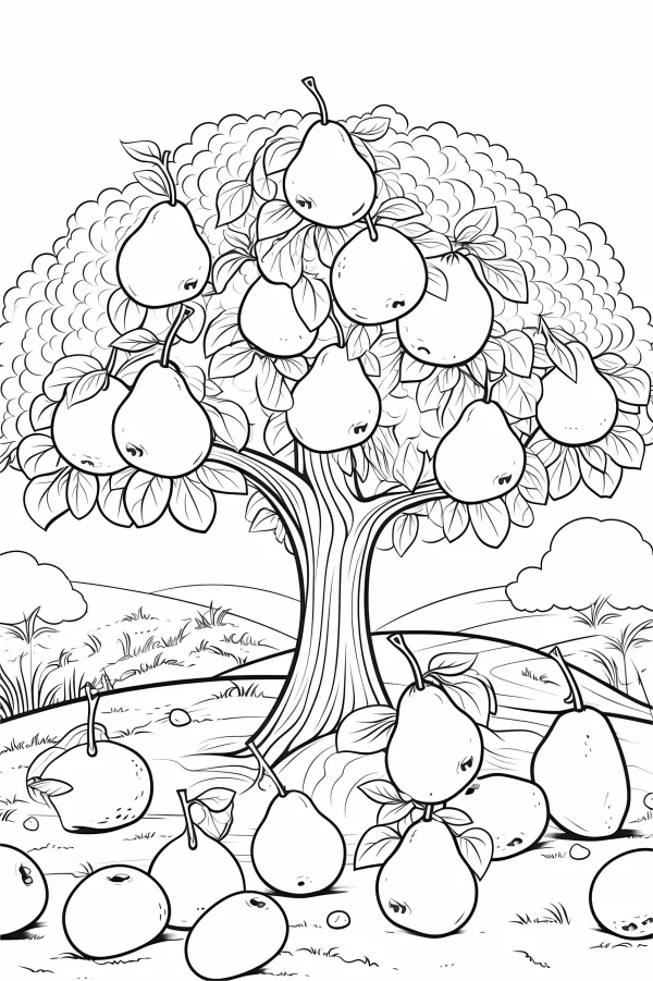 Pear tree heavy with pears, pears scattered on the ground — free printable fruit coloring book page