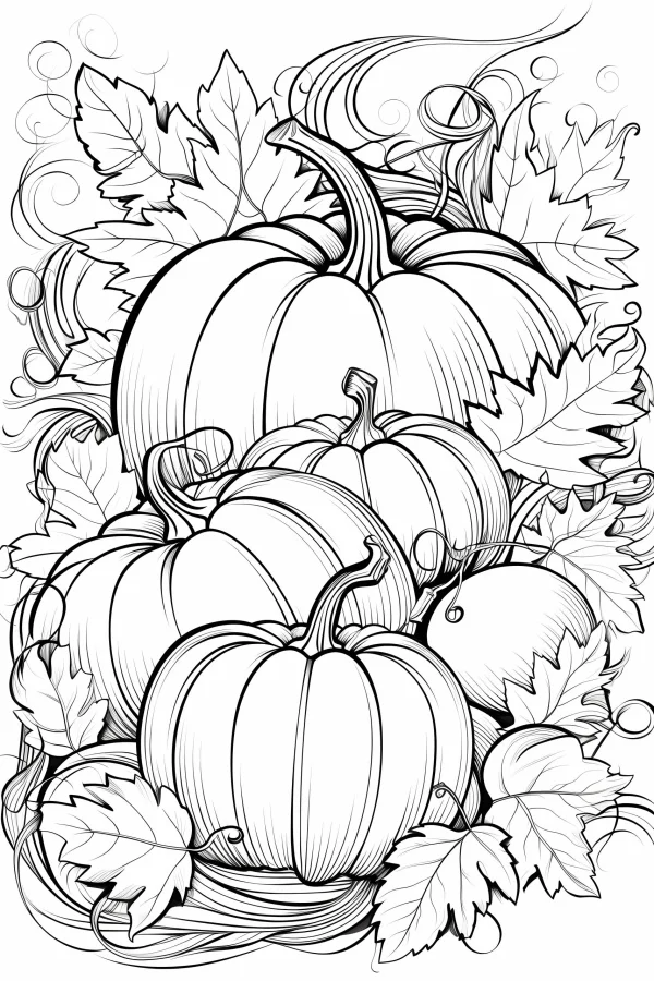 Cluster of pumpkins with autumn leaves, realistic sketch line art style — free printable autumn coloring book page