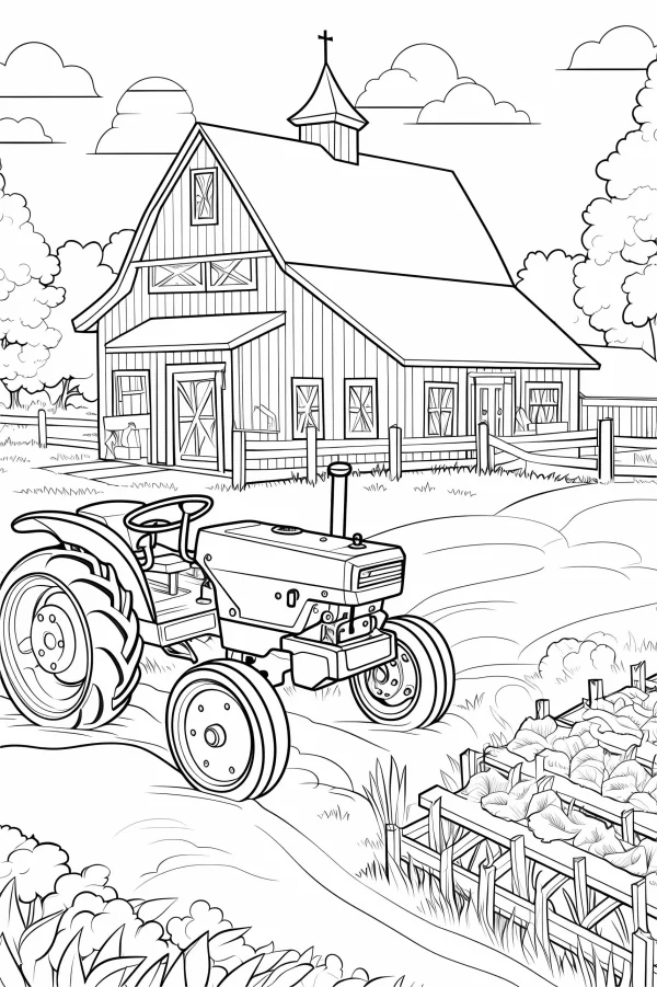 Tractor and farmhouse in a rural farm scene, cartoon style — free printable rural life coloring book page