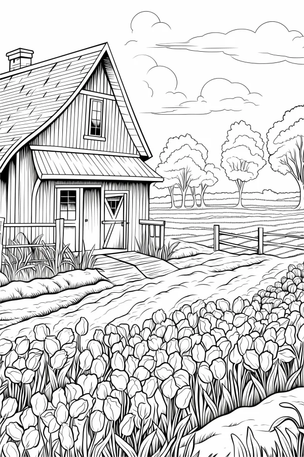 Country cottage with tulip field, pastoral style — free printable spring coloring book page